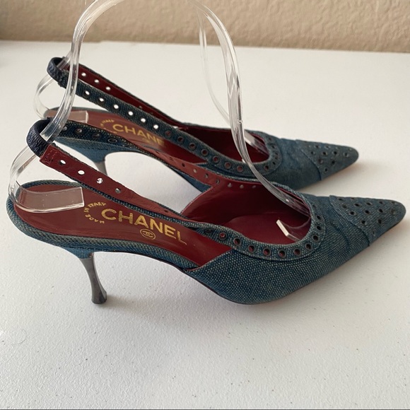 CHANEL Shoes - CHANEL Denim Blue Slingback Heels with Red Interior